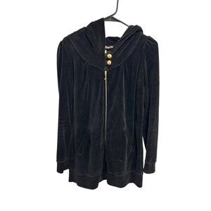 Juicy Couture Large Black Velour Zip-Up Hoodie Gold Button Accents Sporty Retro